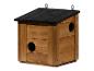 Houten vogelhuisje met twee ingangen en zwart dak