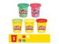 Vijf Play-Doh potjes in diverse kleuren, waaronder twee met tweekleurige klei.