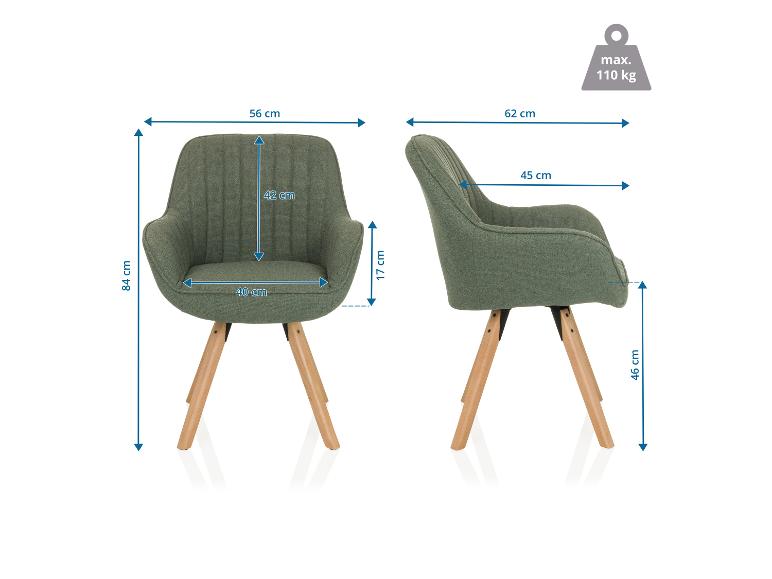 Groene gestoffeerde stoel met houten poten, afmetingen en een maximale belasting van 110 kg.