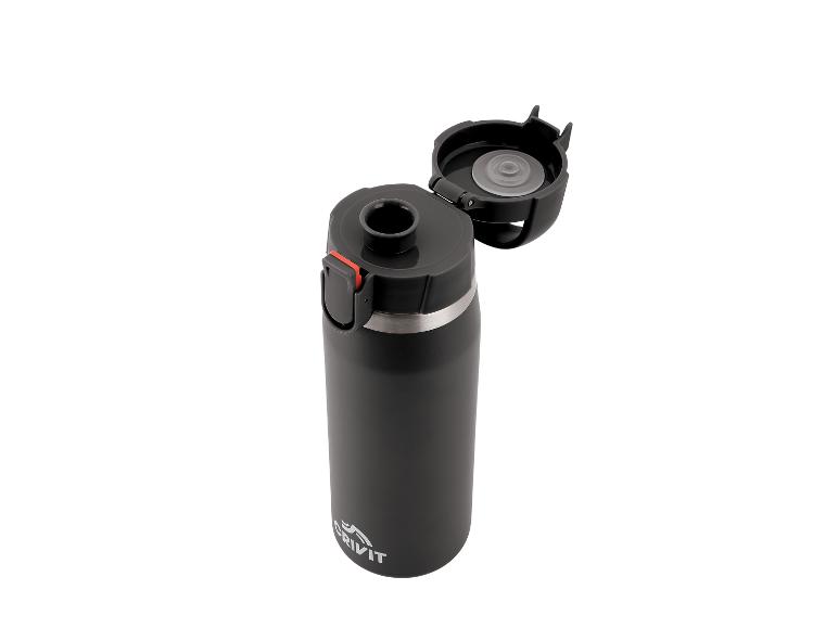 Zwarte thermosfles met open deksel en rode en zilveren details.