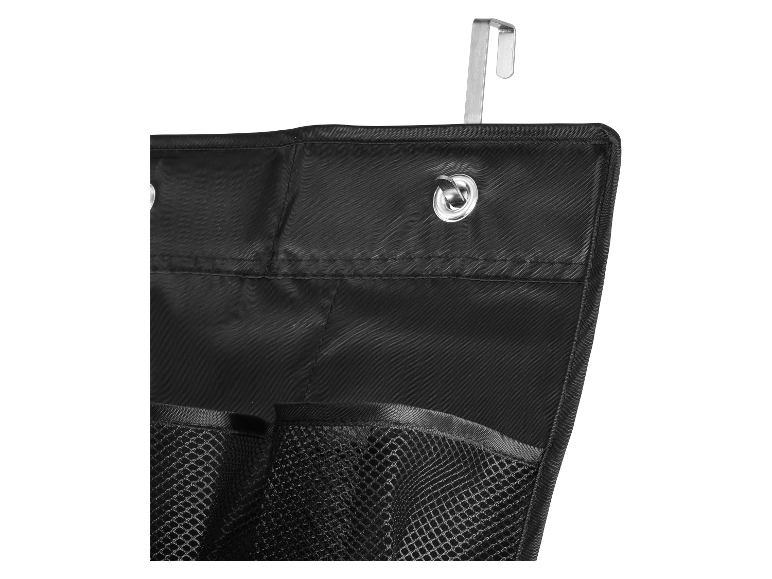 Een zwarte opbergzak met mesh vakken en een metalen haak.