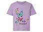 Lila T-shirt met kleurrijke vlinderprint en de tekst 'hello beautiful'.