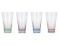 Vier glazen met kleurrijke onderkant, van links naar rechts: groen, roze, blauw, roze.