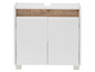 Witte badkamerkast met houten details en twee deuren.