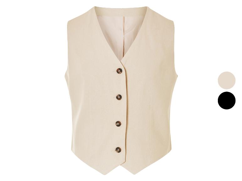 Beige vest zonder mouwen, donkere knopen.