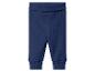 Donkerblauwe geribbelde babylegging met brede elastische tailleband en boorden.