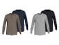 Heren longsleeves: twee grijze en twee donkerblauwe, één met knoopjes.