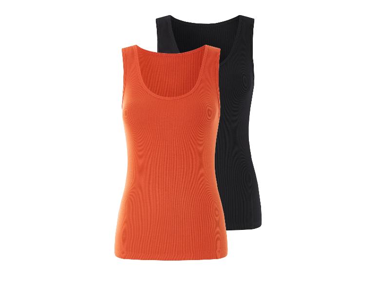 Twee débardeurs, één oranje en één zwart.