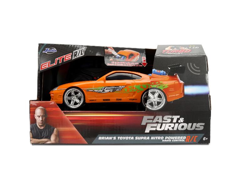 Een Jada Elite R/C Fast & Furious Brian's Toyota Supra Nitro Powered radiografisch bestuurbare auto in verpakking.