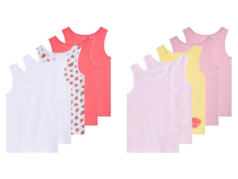 Set meisjes tanktops: wit, watermeloenprint, roze strepen en geel.