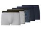 Vijf herenboxershorts in wit, grijs, blauw en donkerblauw, met gestreepte taillebanden.