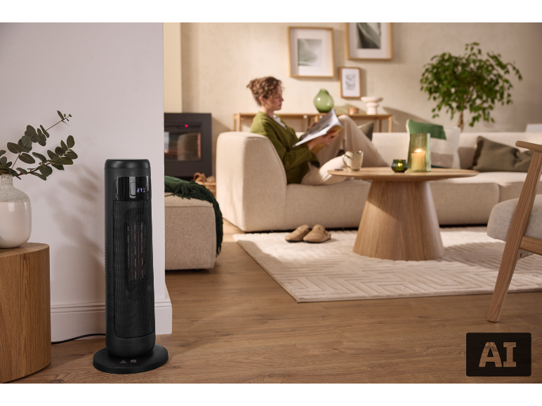 Zwarte torenverwarming in een gezellige woonkamer met een vrouw op de bank.