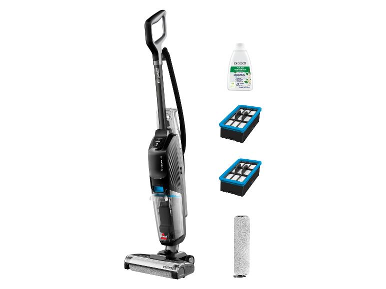 Bissell Crosswave HF2 reiniger met extra filters en reinigingsmiddel.