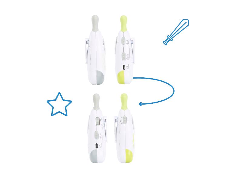 Twee babyfoons met verschillende kleuren en details.