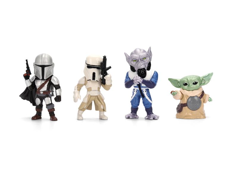 Vier sciencefictionfiguren: Mandalorian, Stormtrooper, alien en Grogu