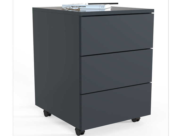 Een donkergrijs bureau met drie lades op wielen.