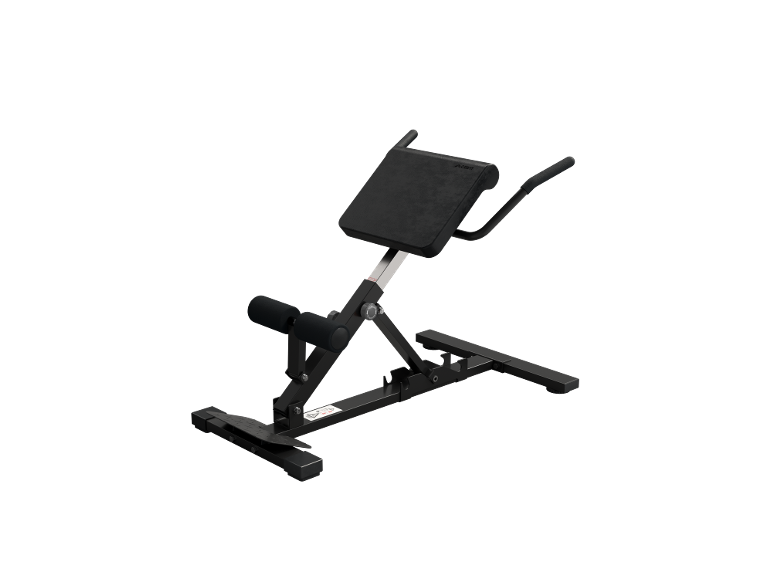 Zwarte rugtrainer met verstelbaar kussen en voetsteun.