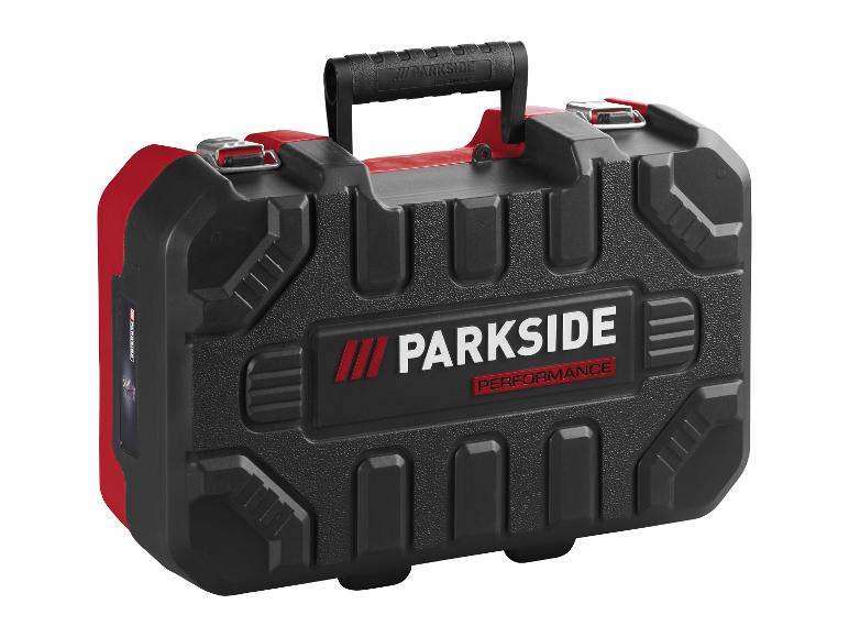 Zwart-rode Parkside Performance gereedschapskoffer met handvat.