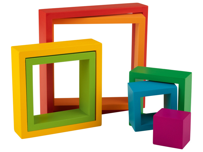 Een gele, groene, rode en blauwe houten frame, met een paarse blok.