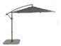 Grijze zweefparasol met groene voet, 300 cm breed en 258 cm hoog.