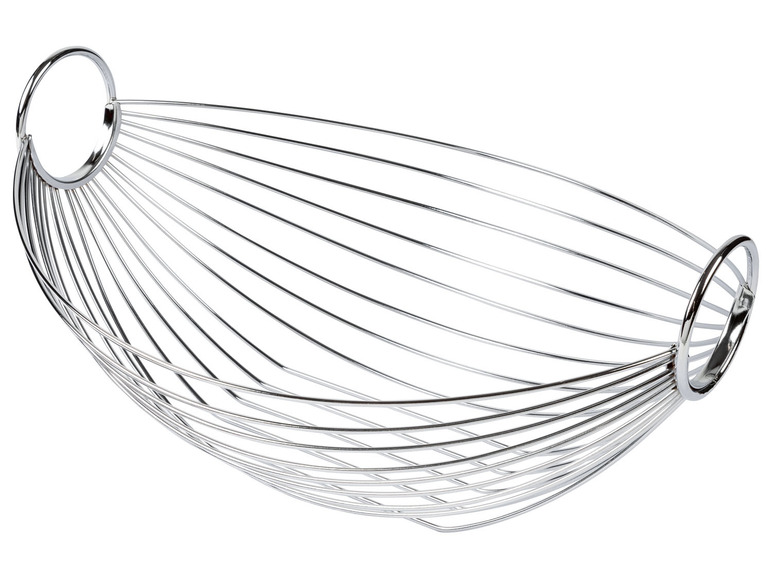 Een zilveren fruitmand met handvatten.