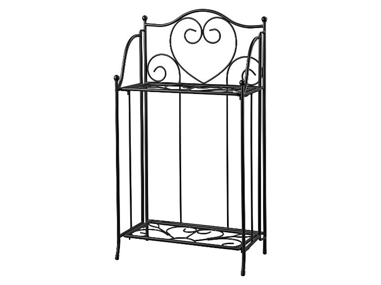 Zwart smeedijzeren plantenrek met twee planken en hartvormig krulwerk.