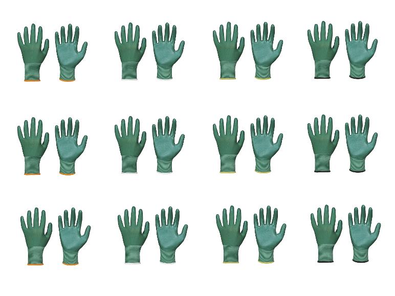 Meerdere paren groene werkhandschoenen met verschillend gekleurde manchetten, weergegeven op een witte achtergrond.