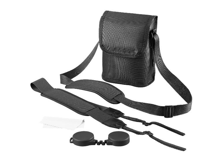 Een zwarte draagtas met accessoires, inclusief banden en lensdoppen.