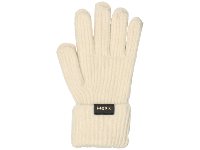 Crèmekleurige gebreide handschoenen met zwart logo op de manchet.