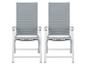 Twee grijze opvouwbare tuinstoelen met witte frames.