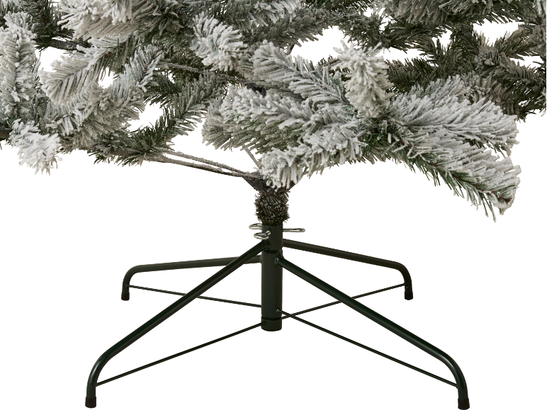 Kunstkerstboom met sneeuw en groene standaard.