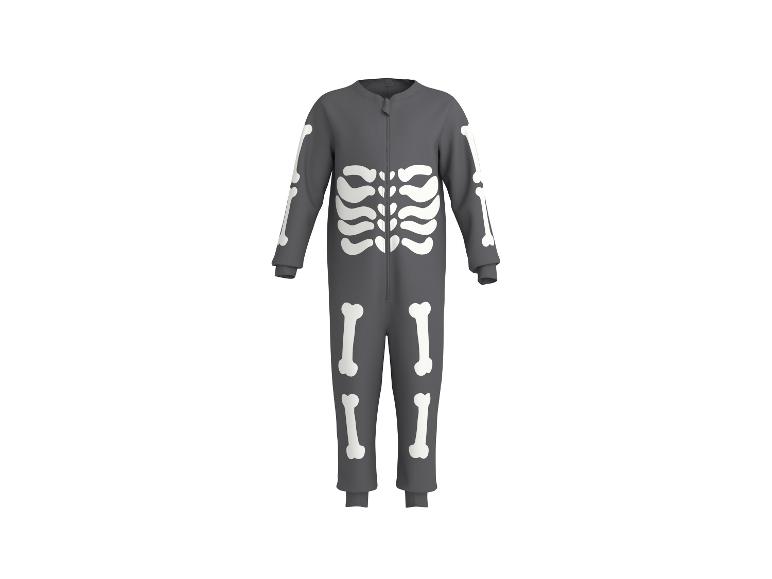 Grijs kinderoveral met skeletprint.
