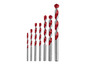 Een set van zes rode boorbits voor beton.