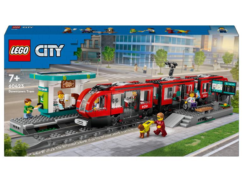 LEGO City Downtown Tram set met minifiguren en station.