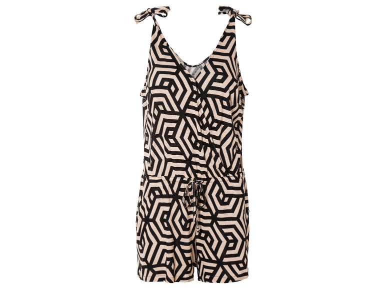 Een beige jumpsuit met zwart geometrisch patroon.