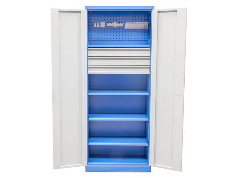 Een blauwe metalen kast met planken en een lade.