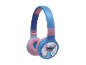 Blauw-roze koptelefoon met stripfiguur en bloemenpatroon.