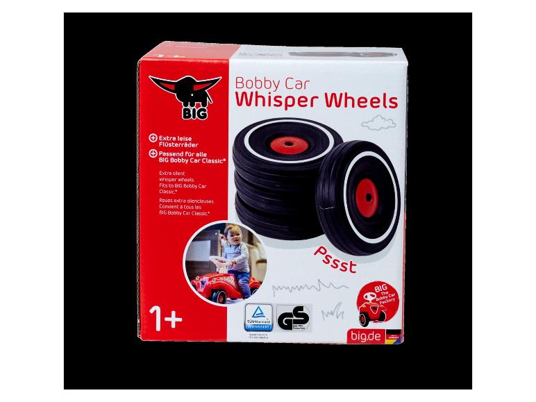 Doos met stille wielen voor kinderauto, met afbeelding van een kind en certificeringen.