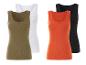 Geribbelde tanktops: oranje, wit en kaki.