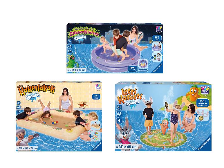 Drie Ravensburger Happy People waterspeelproducten: GlibberKlatsch Splash, Kakerlakak Splash en Lotti Karotti Splash.