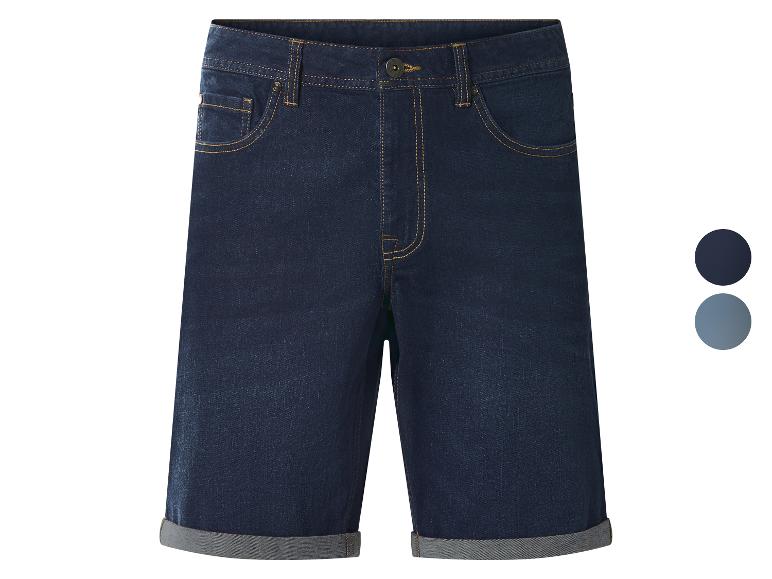 Donkerblauwe heren denim shorts met omgeslagen zomen, met kleurstalen.