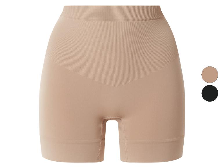 Naadloze beige corrigerende shorts met geribbelde taille, getoond met zwarte kleuroptie