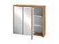 Houten badkamerkast met spiegeldeuren en open plank.