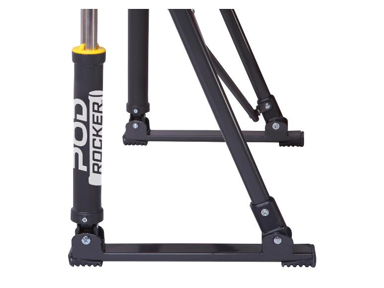 Een zwart stalen frame met een gele en zwarte Pod Rocker cilinder