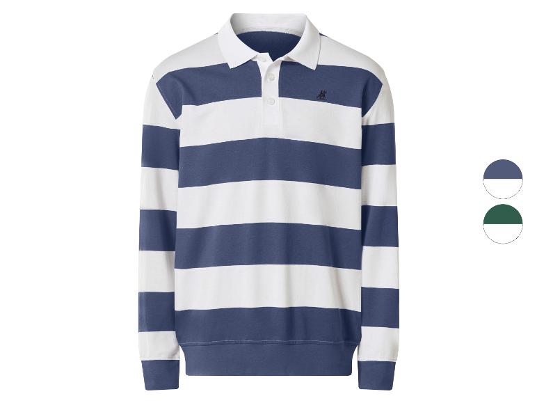 Blauw-wit gestreept poloshirt met lange mouwen, witte kraag en knopen