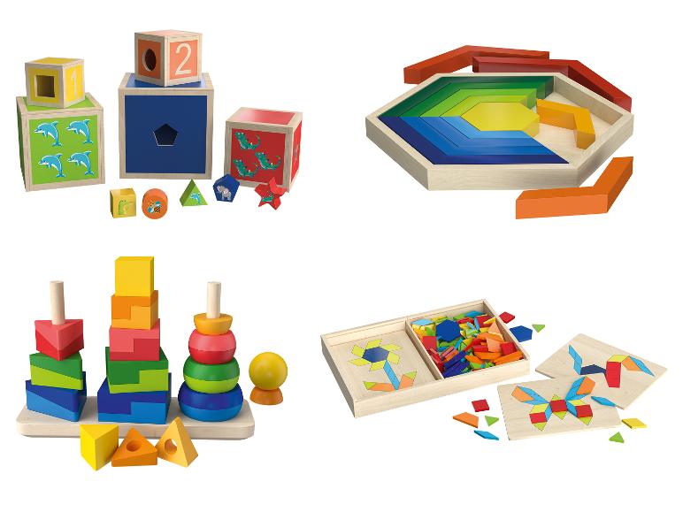 Houten speelgoed voor kinderen: stapelblokken, vormpuzzels en stapelringen.