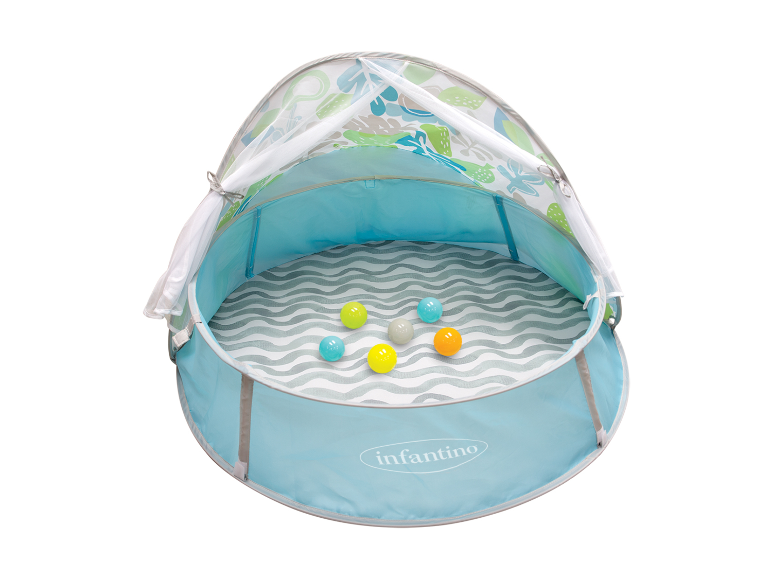 Infantino zwembad en tent met gekleurde ballen, tropische print.