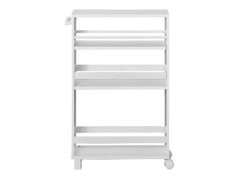 Een witte drielaagse trolley op wielen met handvat.