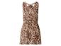 Dames bruin-beige jumpsuit met zebraprint en strikhals.