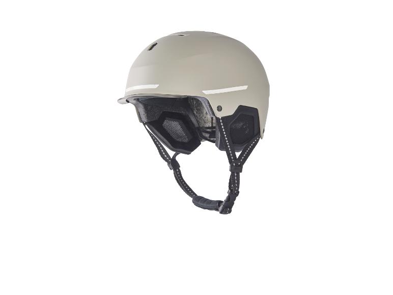 Een beige fietshelm met een vizier